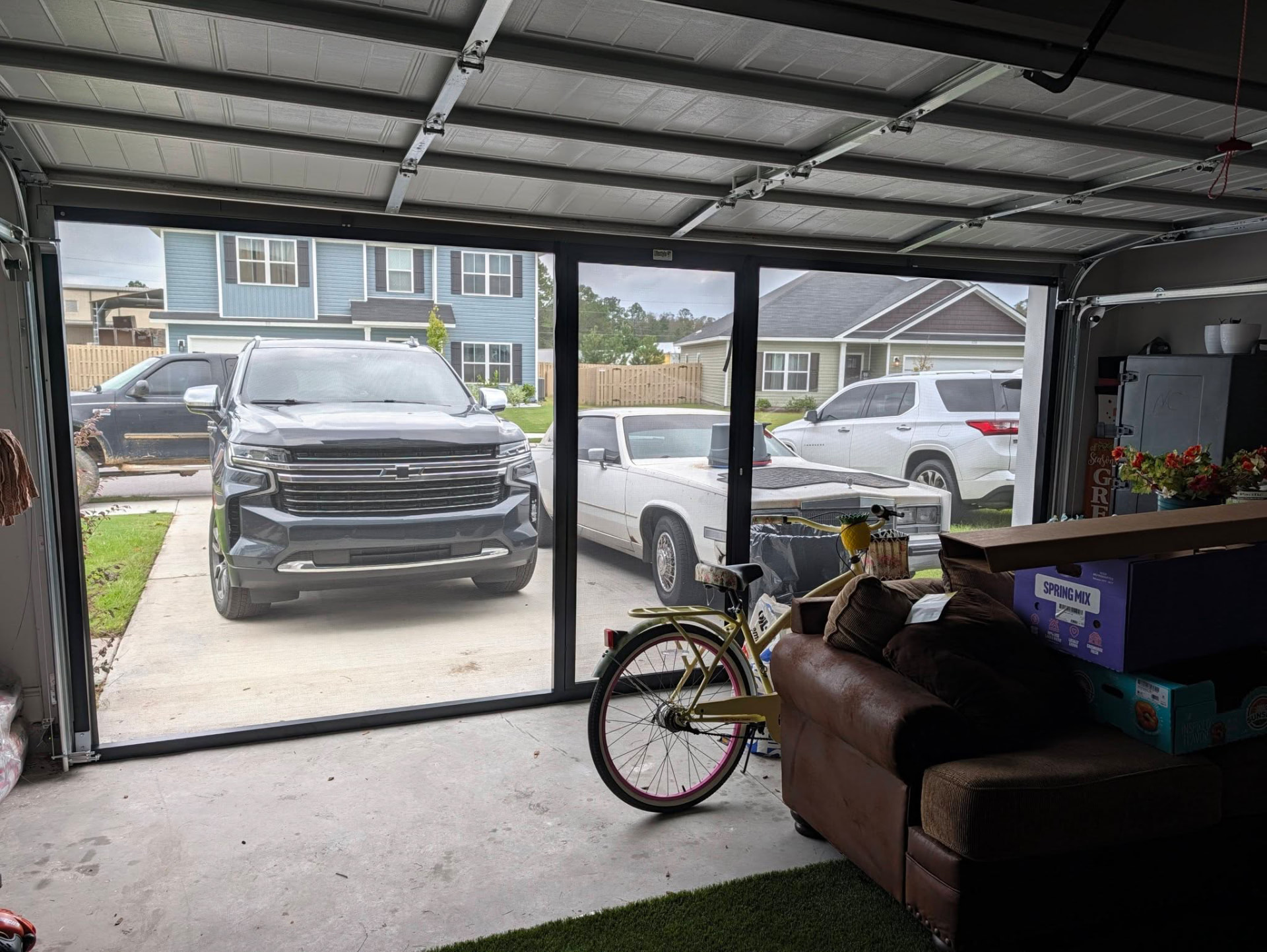 Inside view of the screened garage opening